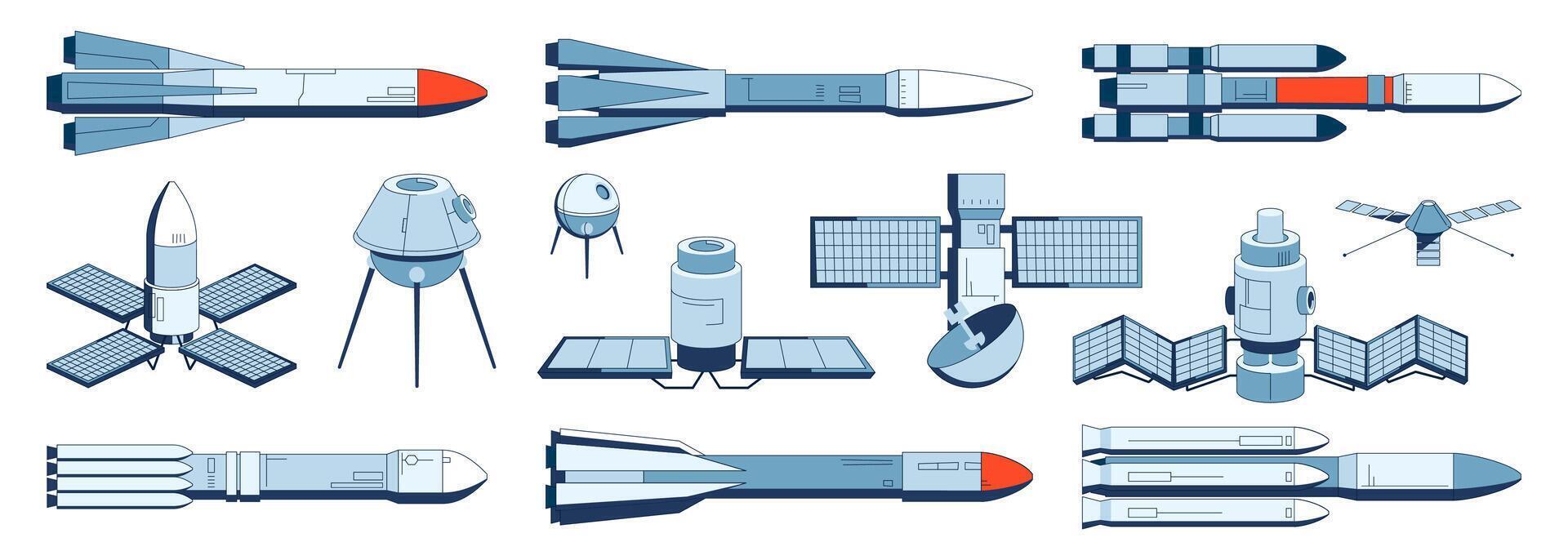 cohete y satélite recopilación. espacio lanzadera plataforma de lanzamiento, suborbital vuelo y transporte astronave tecnología, portador cohete y espacio estación iconos vector conjunto