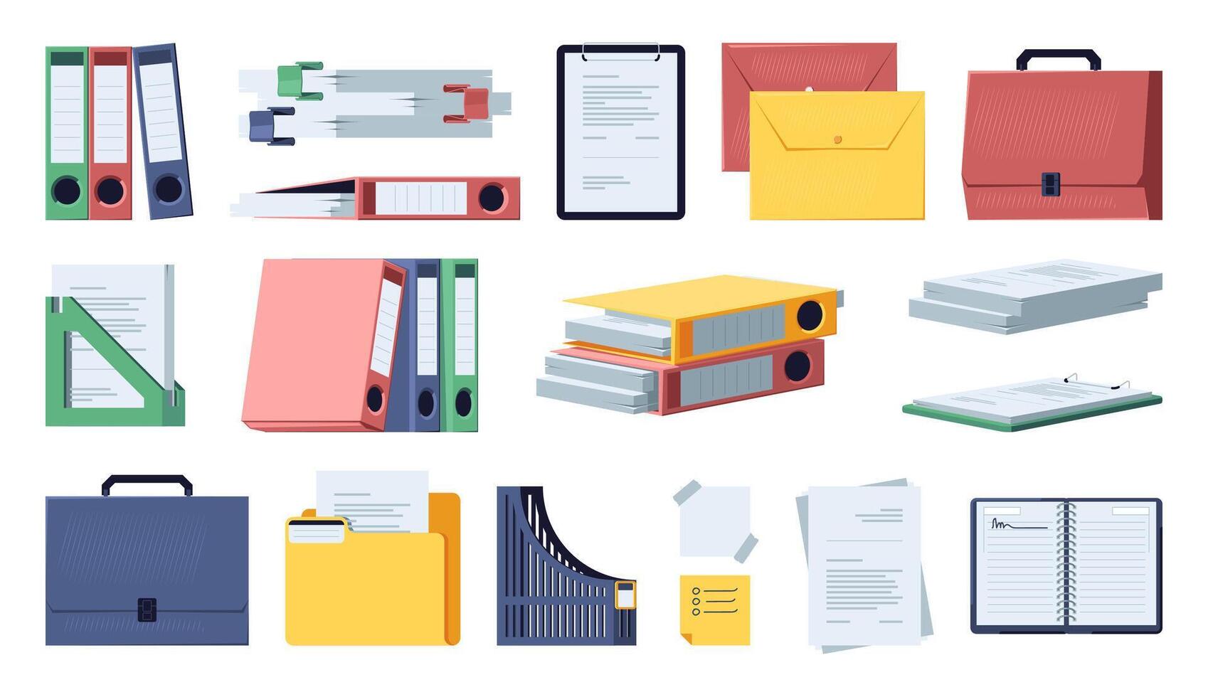 Office documents and folders. Workstation with stationary and school folder, notebook, binder and tools for study and job. Vector isolated set