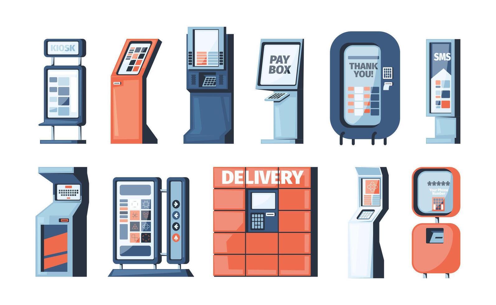 Ticket kiosk. Credit payment machine, atm stand, vending snack kiosk, money terminal and commercial machine freestanding design. Vector cartoon set