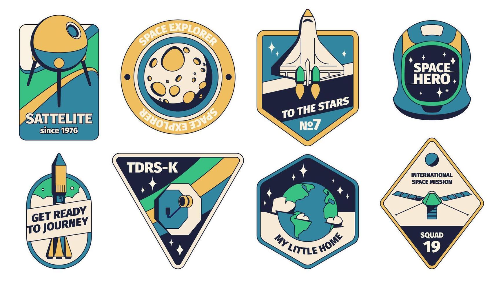 Space patch. Retro rocket sticker with astronaut logo, vintage cosmos exploration badge. Vector solar system planets and space rockets badge set