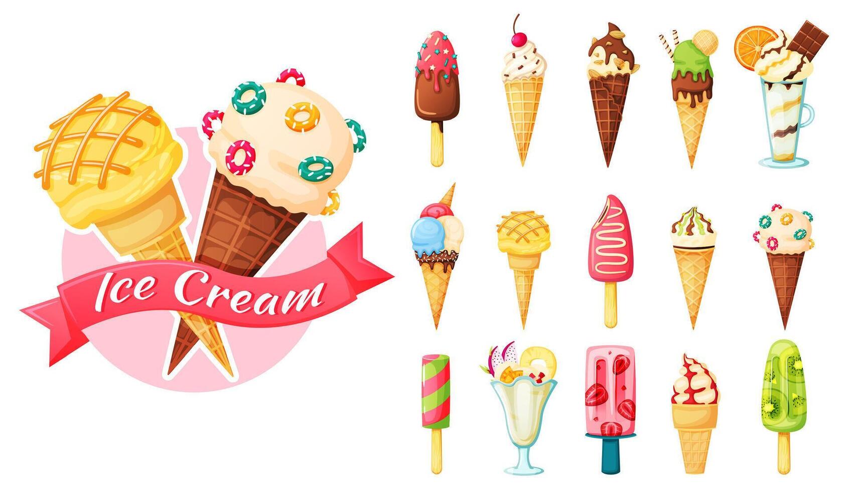 Cartoon ice cream of set with fruits or vanilla vector
