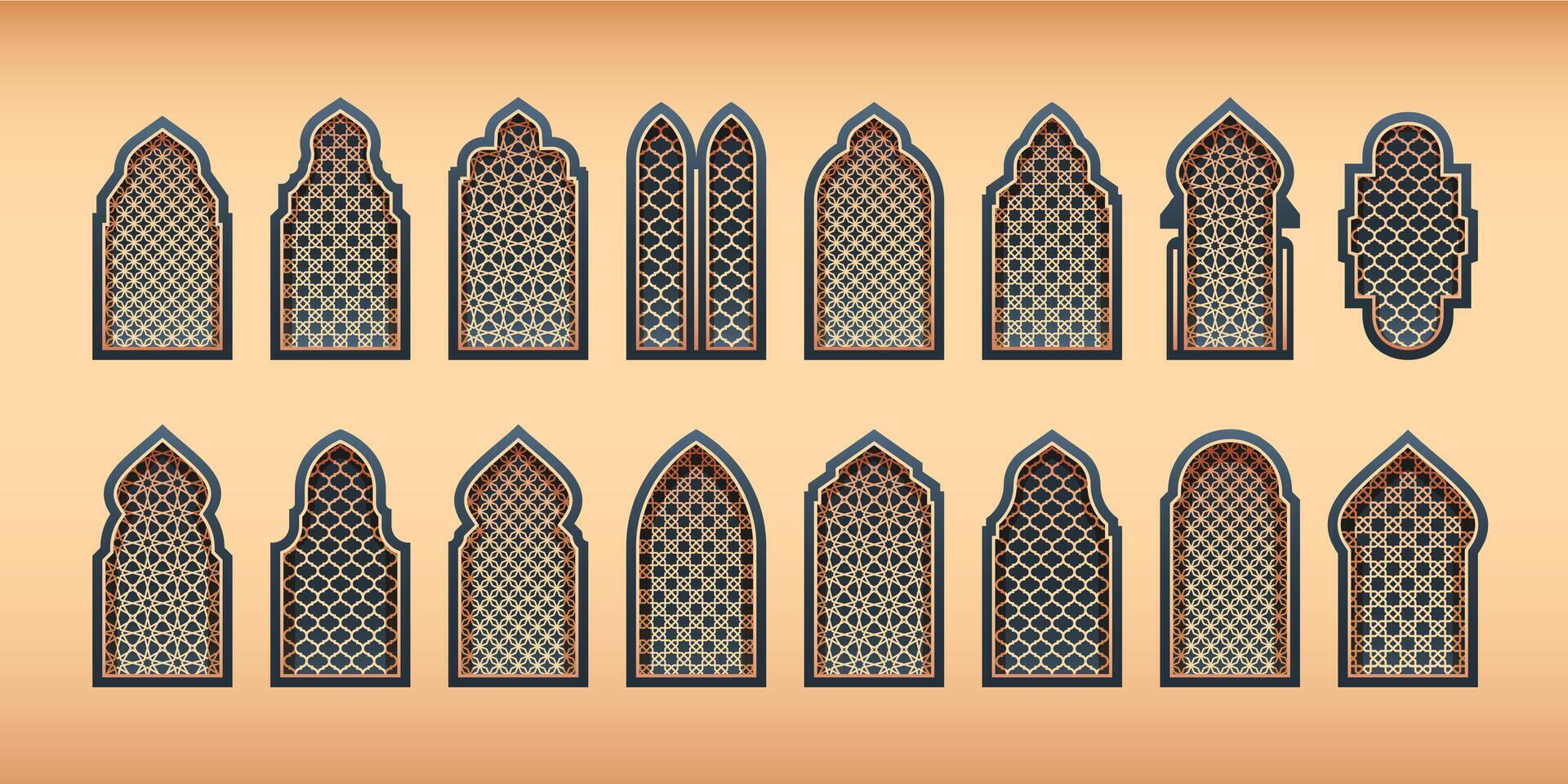 Ornamental arabic windows. Traditional islamic arch silhouettes with oriental arabesque motif pattern, vintage decorative architecture frame vector