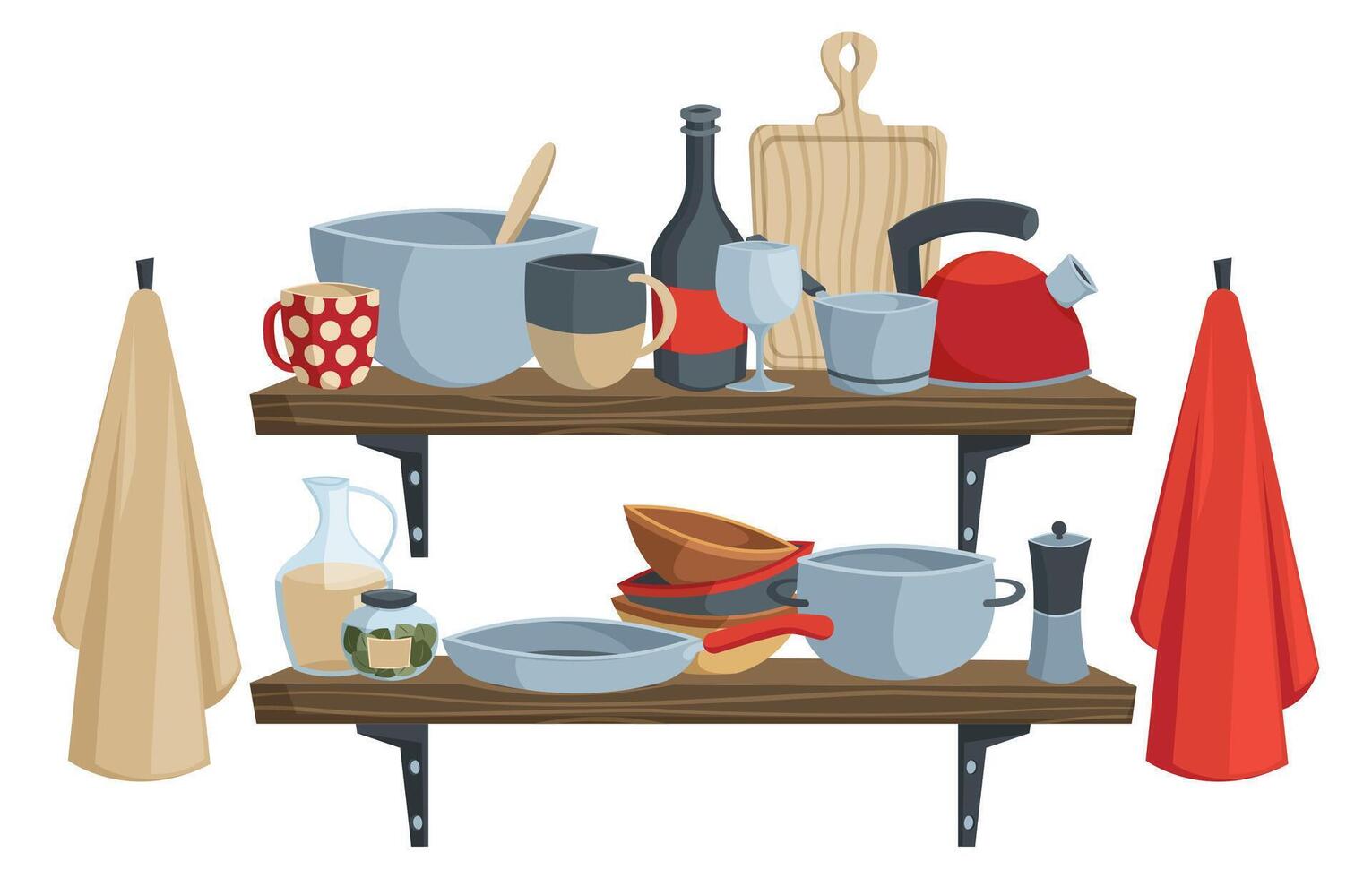 Kitchen shelf with utensils. Flat tableware and kitchenware, cartoon flat kitchen interior with pots pans and utensils. Vector isolated set