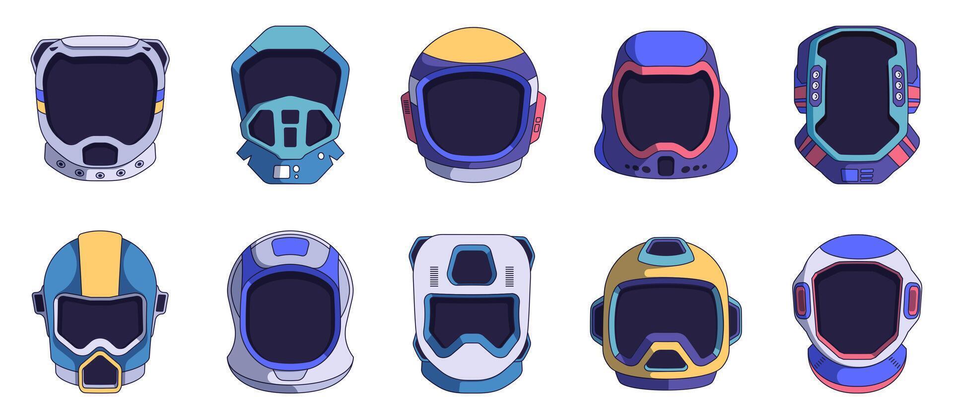 Cute astronaut helmet set. Cartoon cosmic spacesuit helmets with funny stickers, flat universe spaceship avatars for sticker chat application. Vector collection