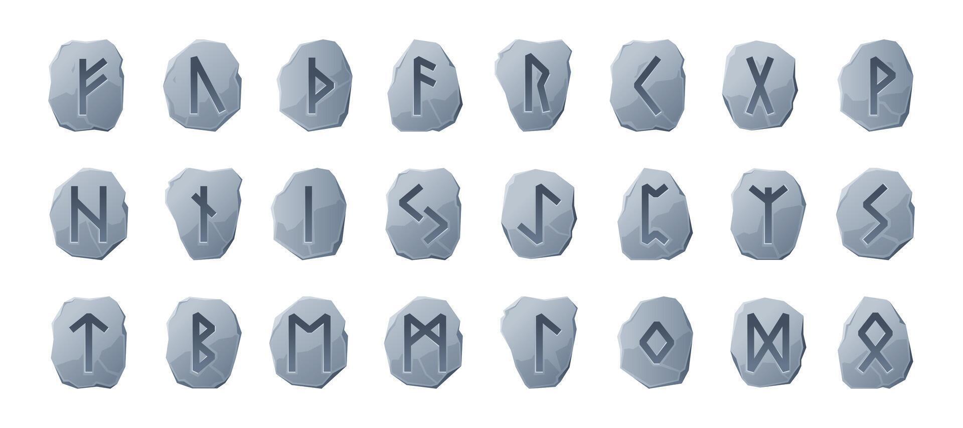 Runic stones. Scandinavian viking sacred runes alphabet, old celtic nordic type letters futark font symbols cartoon style. Vector isolated set