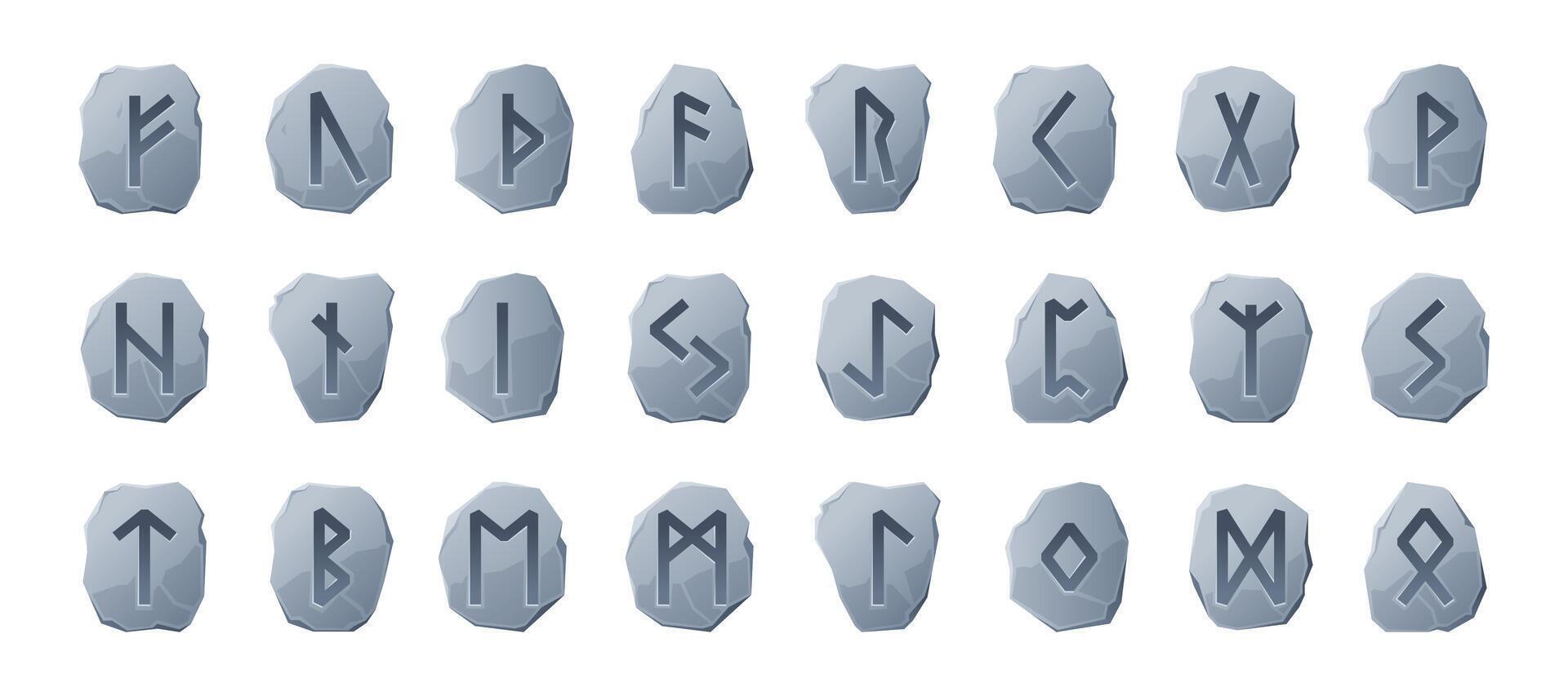 rúnico piedras escandinavo vikingo sagrado runas alfabeto, antiguo céltico nórdico tipo letras Futark fuente símbolos dibujos animados estilo. vector aislado conjunto