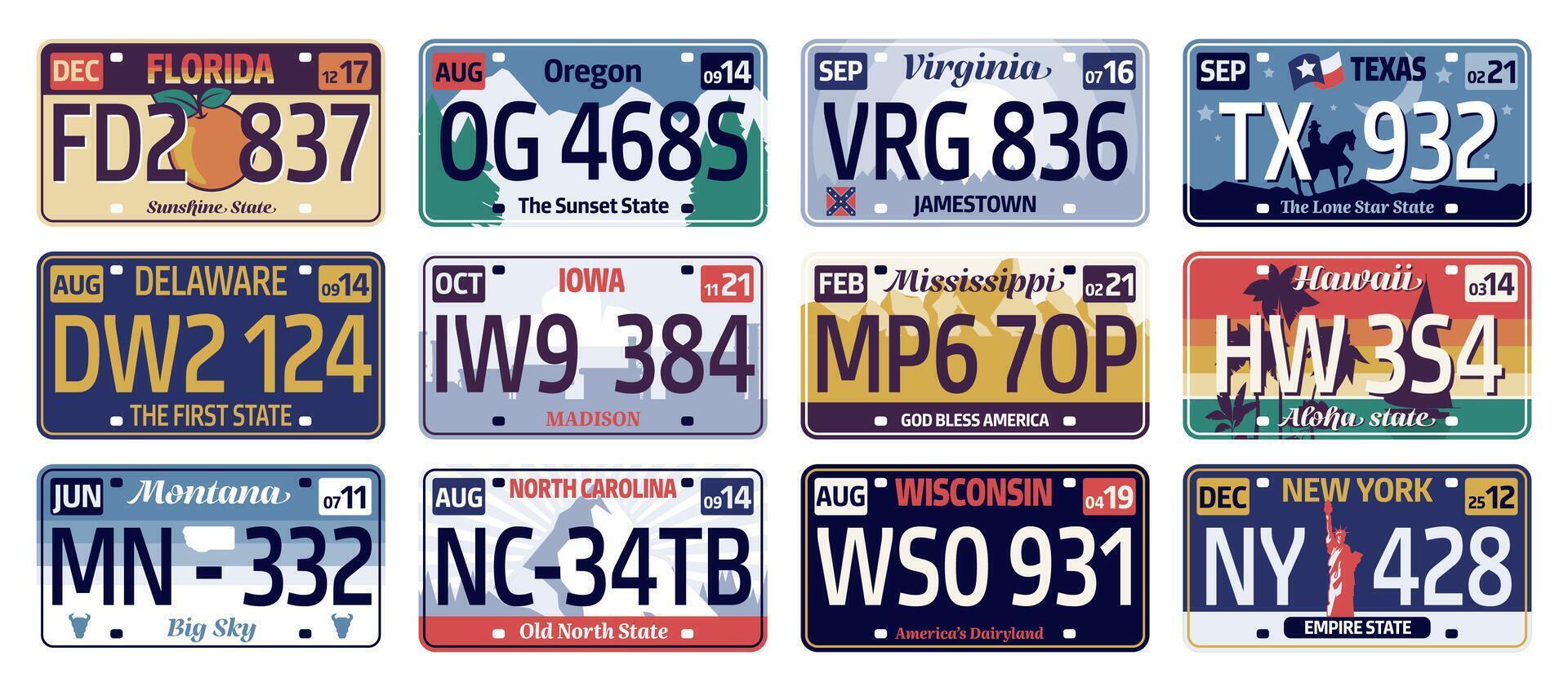 Car plate usa states. State id numbers collection, country registration tags, driver license for Florida, Oregon, Virginia, Hawaii, Mississippi, Wisconsin. Vector set