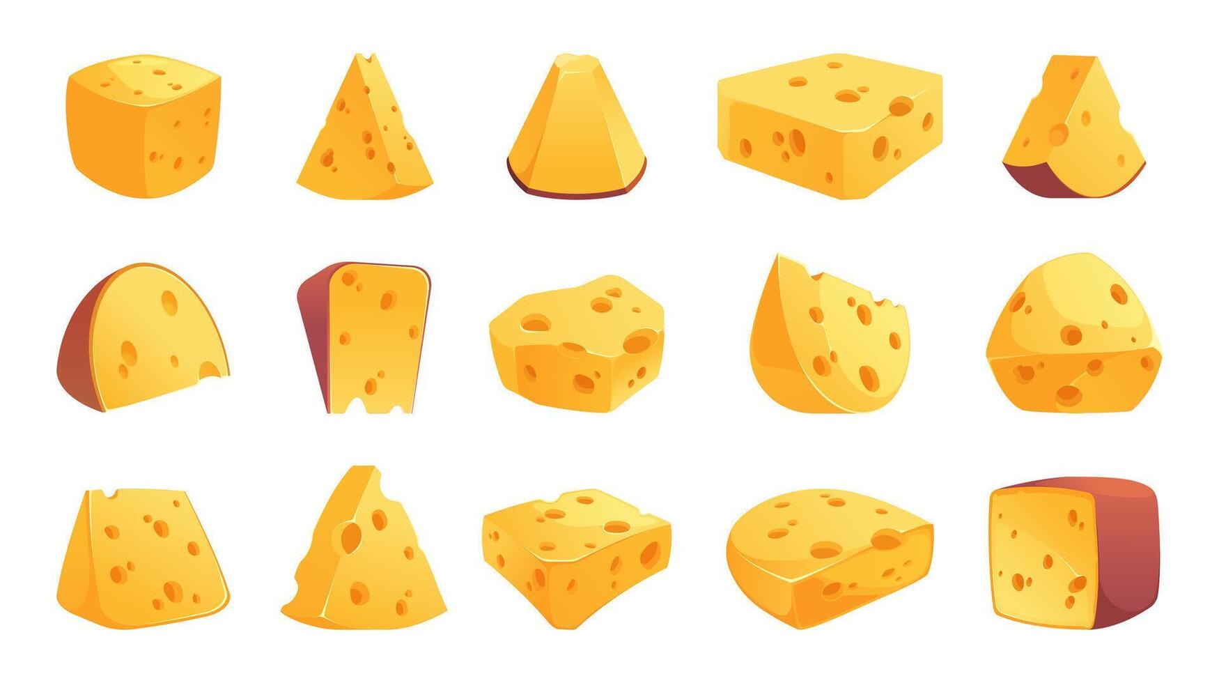 Cheese pieces. Cartoon cheddar blocks, organic parmesan cubes and triangles, dairy eco farm product cutoff pieces. Vector isolated set