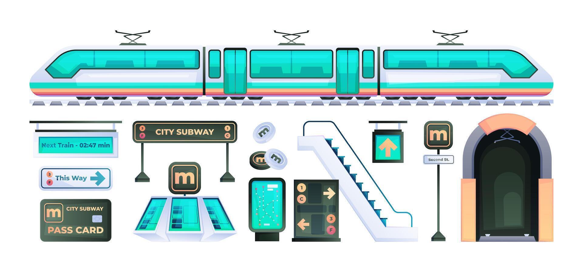 City metro element. Subway railway transport infrastructure, urban underground transportation system, wagon platform escalator turnstile. Vector set