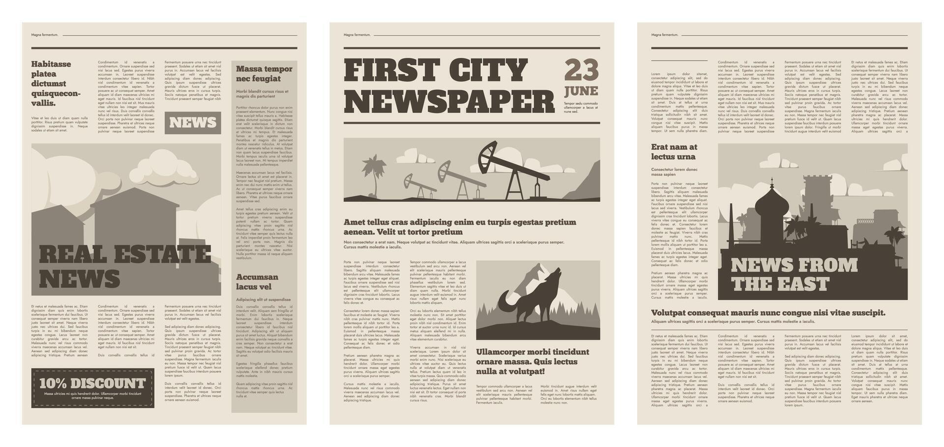 Newspaper mockup. Vintage press grid with pressed text and cover, daily tabloid layout design with press sheets. Vector illustration