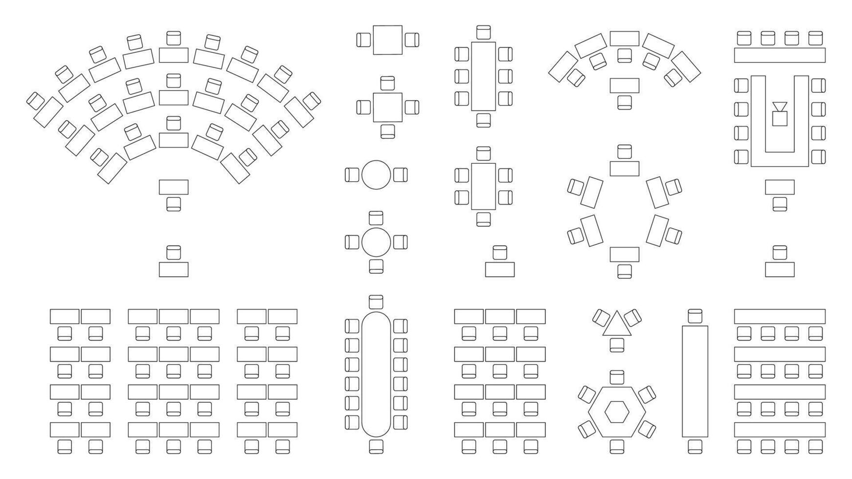 Wedding seating plan. Conference banquet and seminar classroom interior, conference hall and seminar room interior design. Vector top view of arrangement