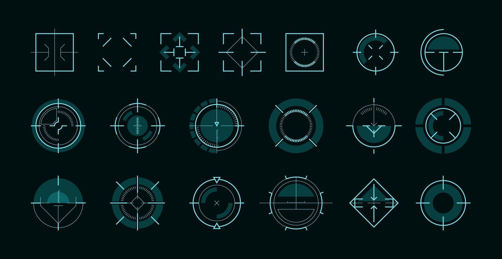 HUD aim ui. Futuristic circle target frame for game user interface, military sniper weapon sight hologram, sci-fi focus vector