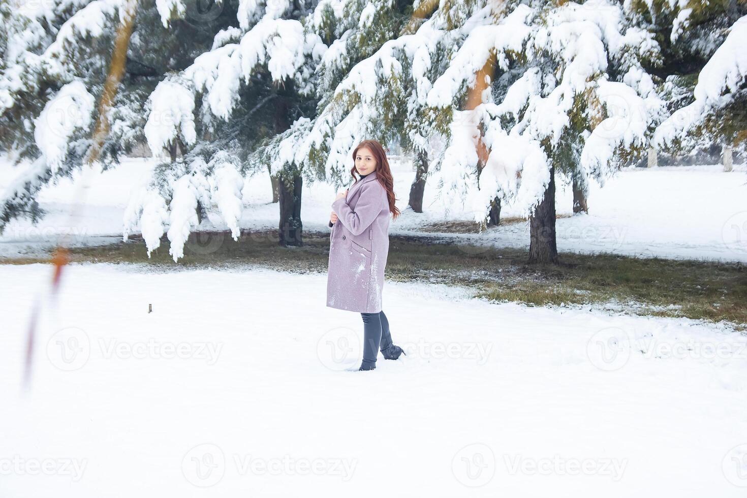 pretty young woman in winter park, red haired girl in the park in winter photo