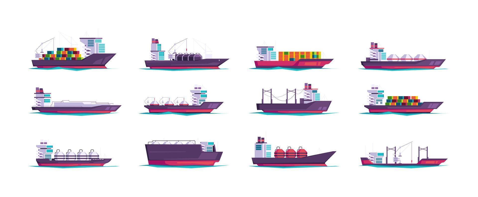 Cargo ships. Sea vessel tanker with shipping containers, commercial freighter shipment cartoon flat style, import export global logistics concept. Vector set