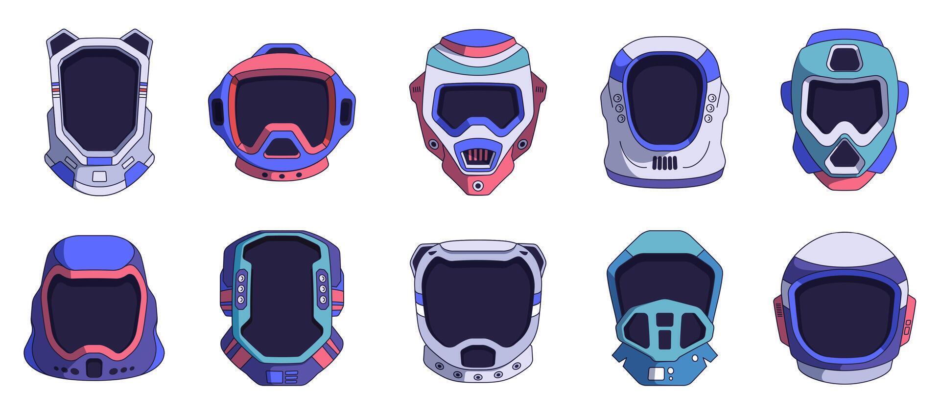 Kids astronaut helmet. Cartoon cute kid face futuristic space helmet, cosmic cosmonaut face headwear for party costume, funny kids face props. Vector set