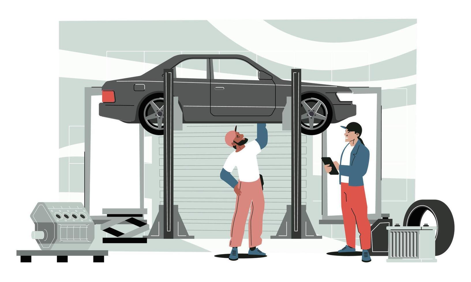 Car repair service. Repairman working on car engine, mechanic with tools in garage. Car maintenance vector concept