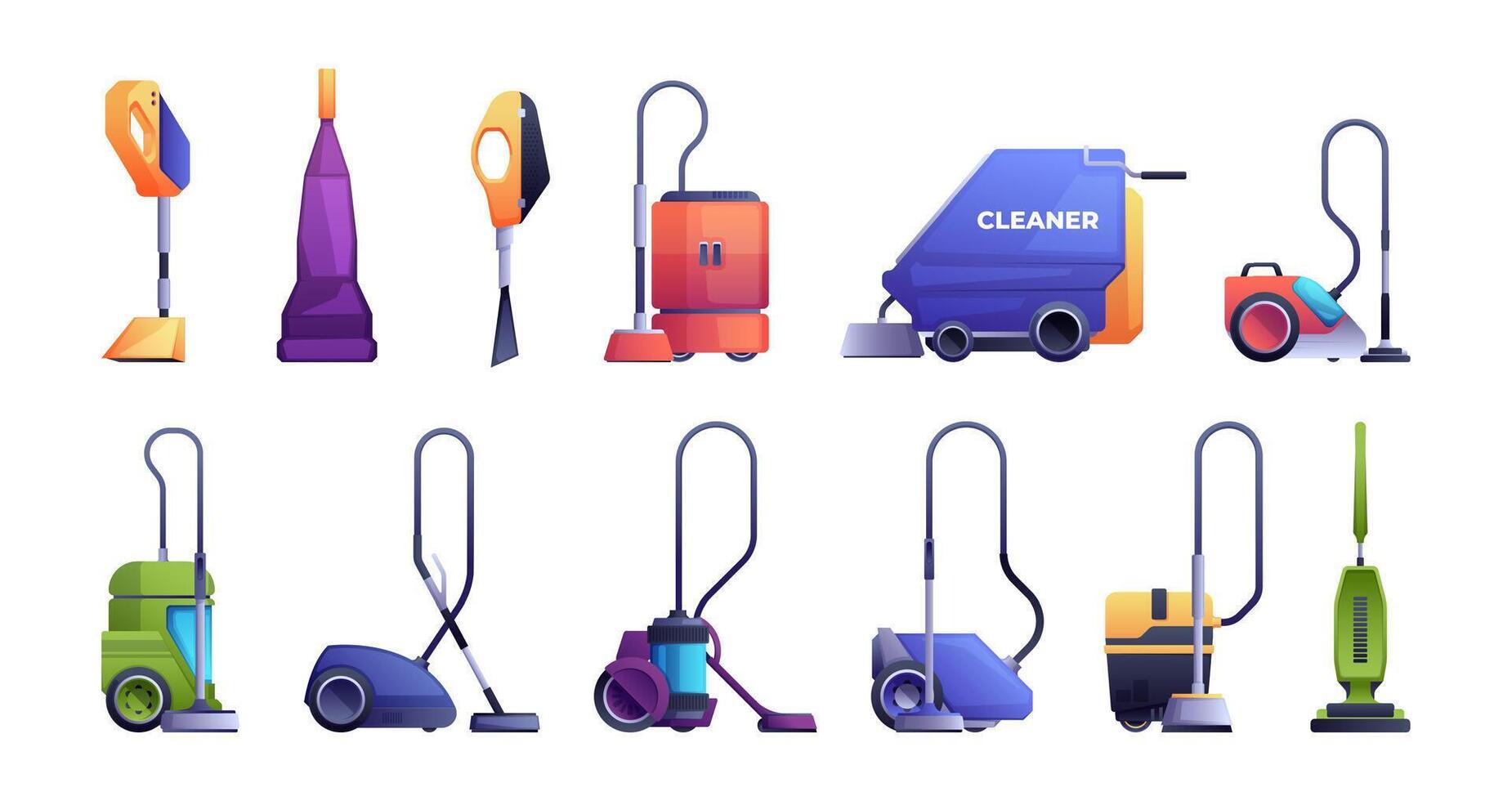 Vacuum cleaner collection. Washing and cleaning professional equipment for home and office, cyclone hoover cleaning service machine. Vector set