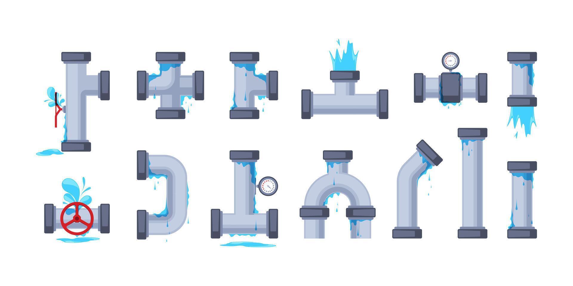 tubería filtración. roto tubo con fuga, fontanero goteo desagüe grifo problema, grifo válvula grieta con agua gotas, industrial tecnología concepto. vector conjunto