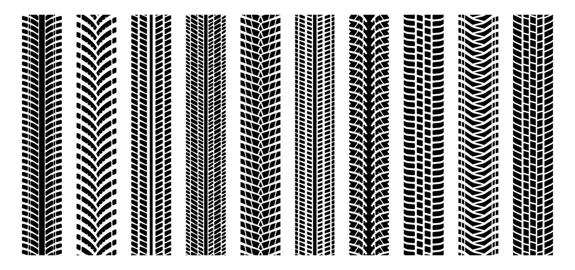 Machinery tire tracks. Motorcycle and car tires marks trail, dirt tire traces on street, rubber tire marks for rally car and bike. Vector isolated set