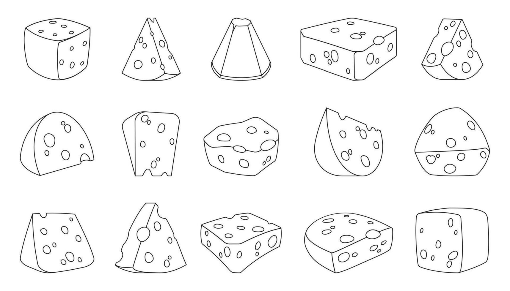 queso línea iconos rebanadas, piezas y bloques de antiguo granja queso, contorno parmesano cortes para producto embalaje diseño. vector aislado conjunto