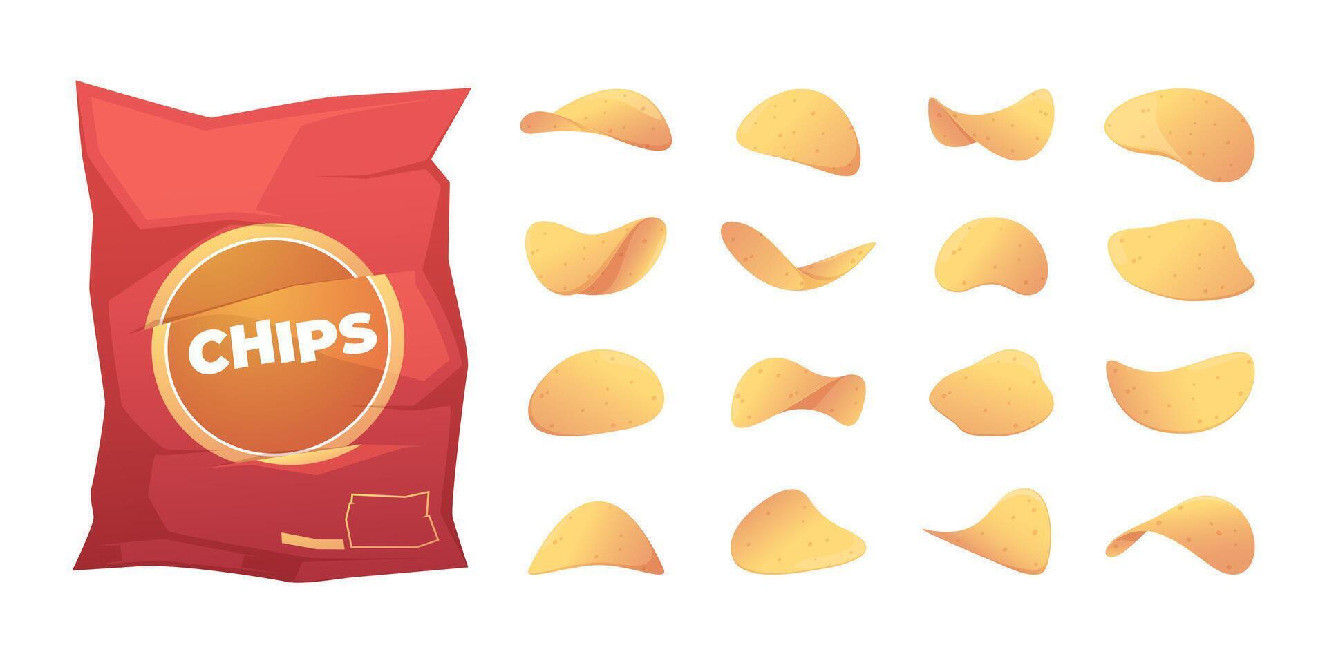 Cartoon potato chips. Salty french fries vegetarian snack, fast food fried appetizer package with crunchy crisps flat style. Vector isolated set