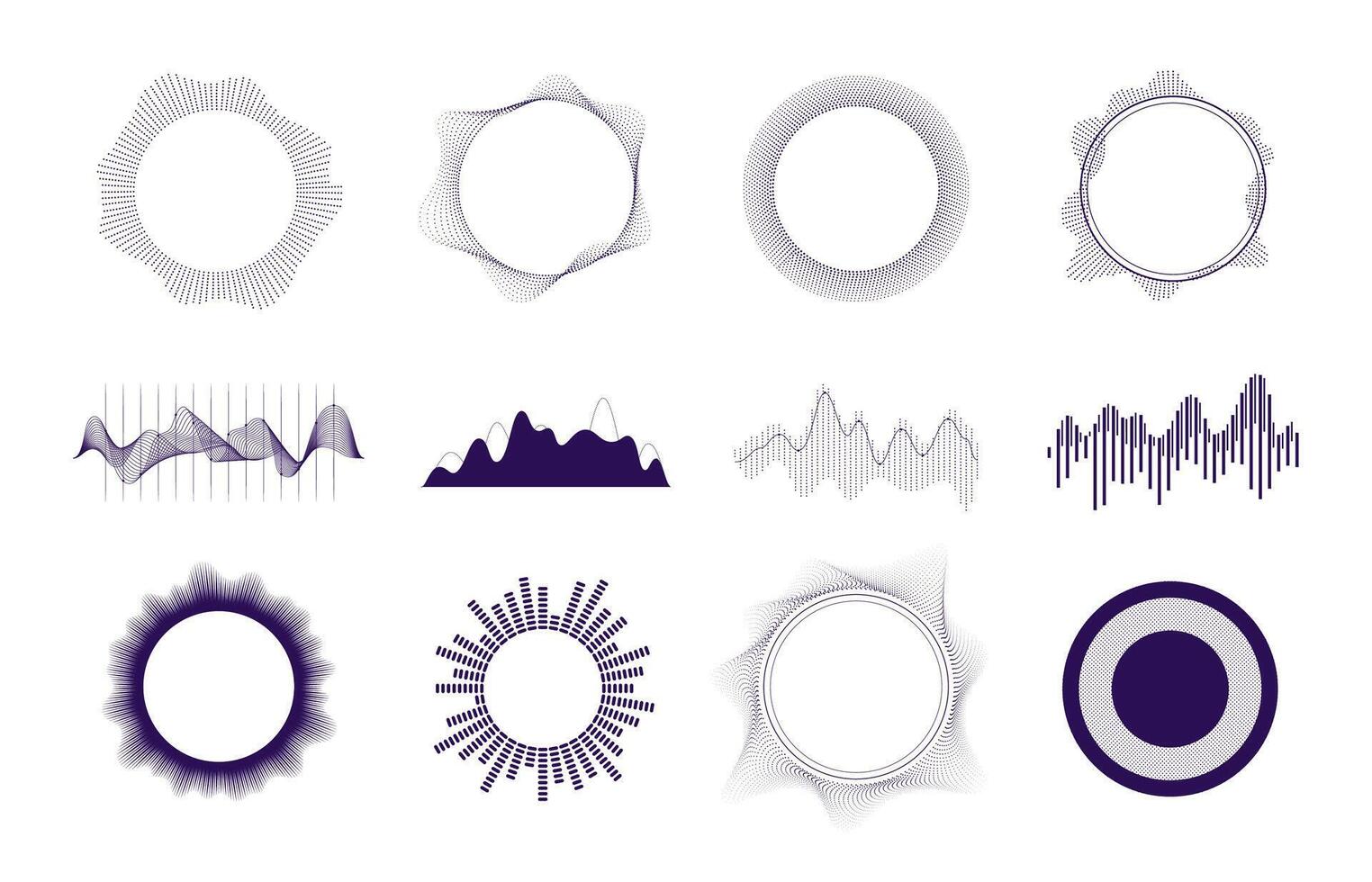 Wave diagram. Music rhythm and frequency waveforms, sound wave and vibration curve for tune recording monitoring. Vector set