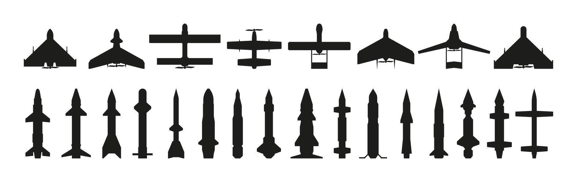 Missiles silhouette. Military guided aircraft weapon with warheads, black army munition, flying explosive missilery flat style. Vector isolated collection