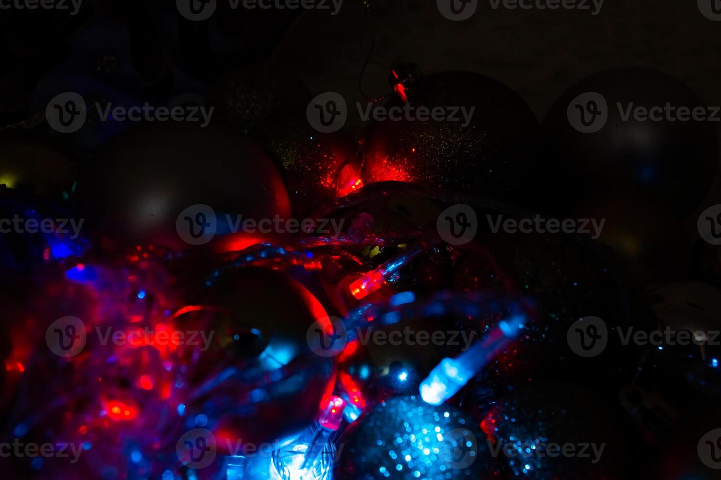 christmas background with bubbles, colorful christmas lights, christmas decorations photo