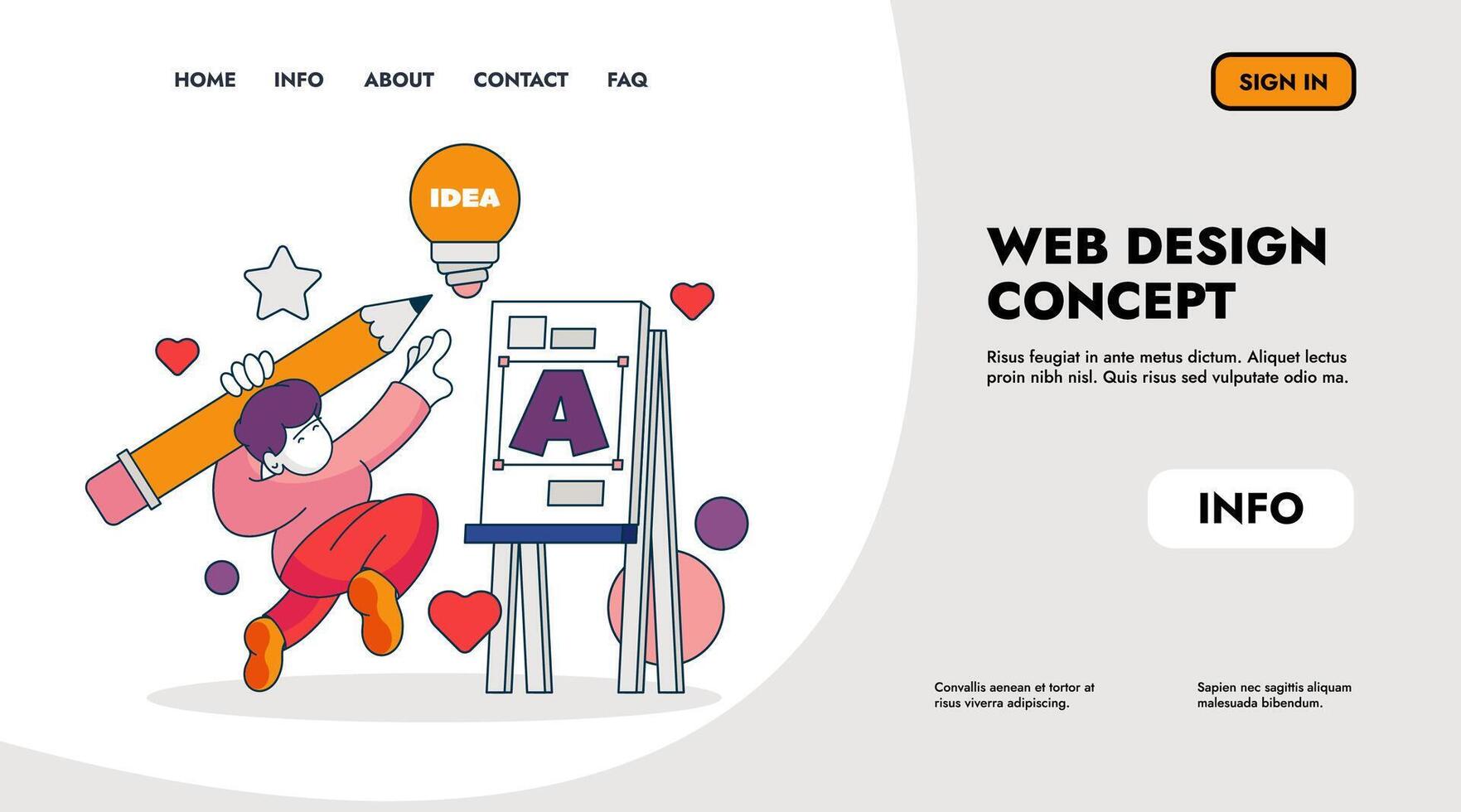 Designer landing page. Web page template with sketch concept, cartoon character and creative process. Vector UI design concept
