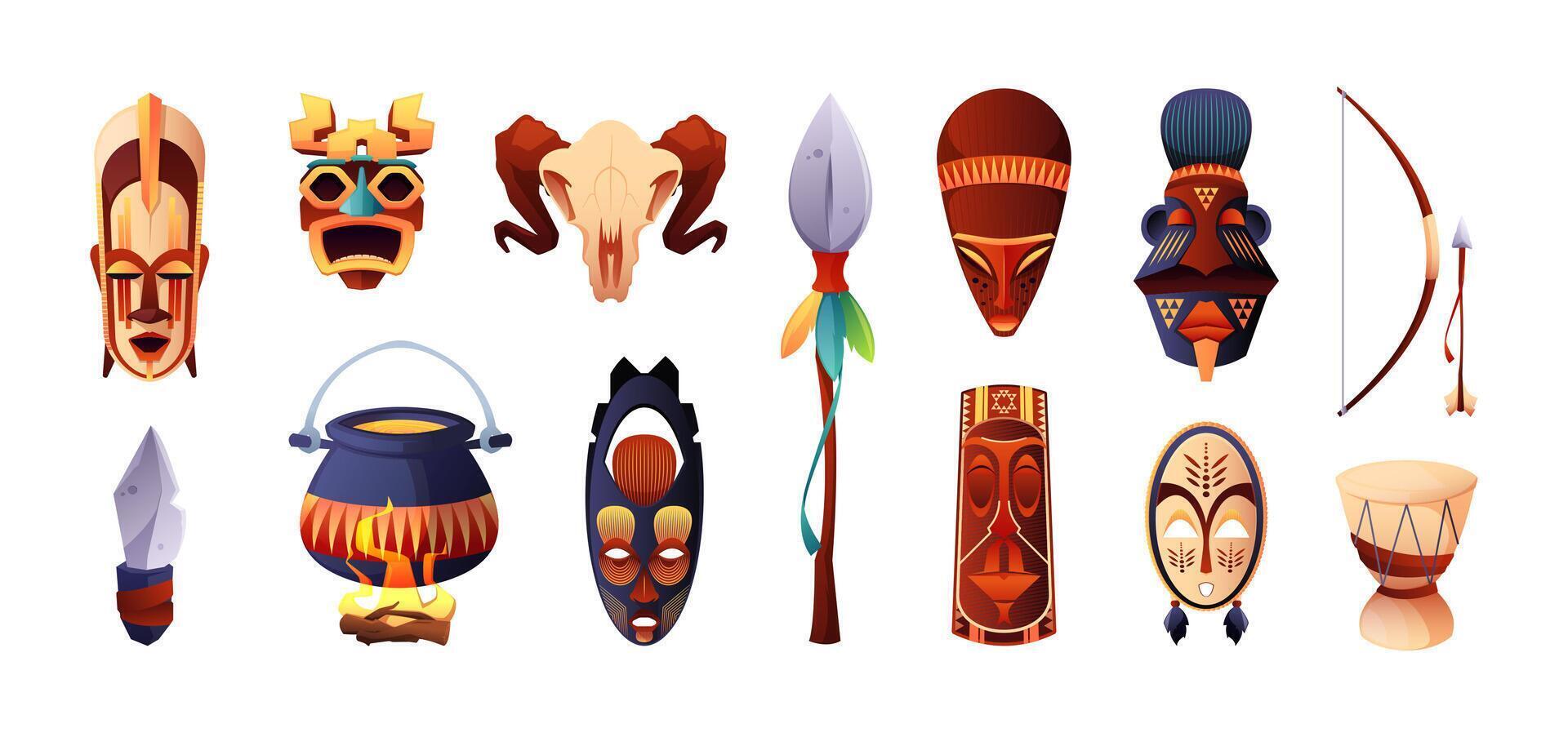 African ceremonial masks. Cartoon ancient ritual tribal symbols, traditional Africa zulu aborigine voodoo religion face shaped totem idols. Vector collection