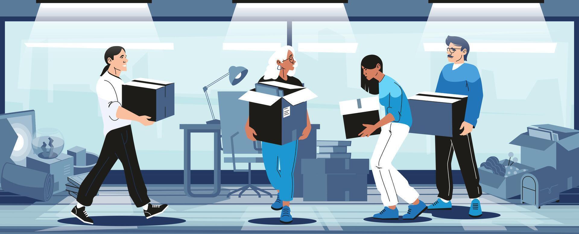 Office relocation concept. Cartoon people unpacking furniture and moving office stuff, workers moving to new office location. Vector illustration