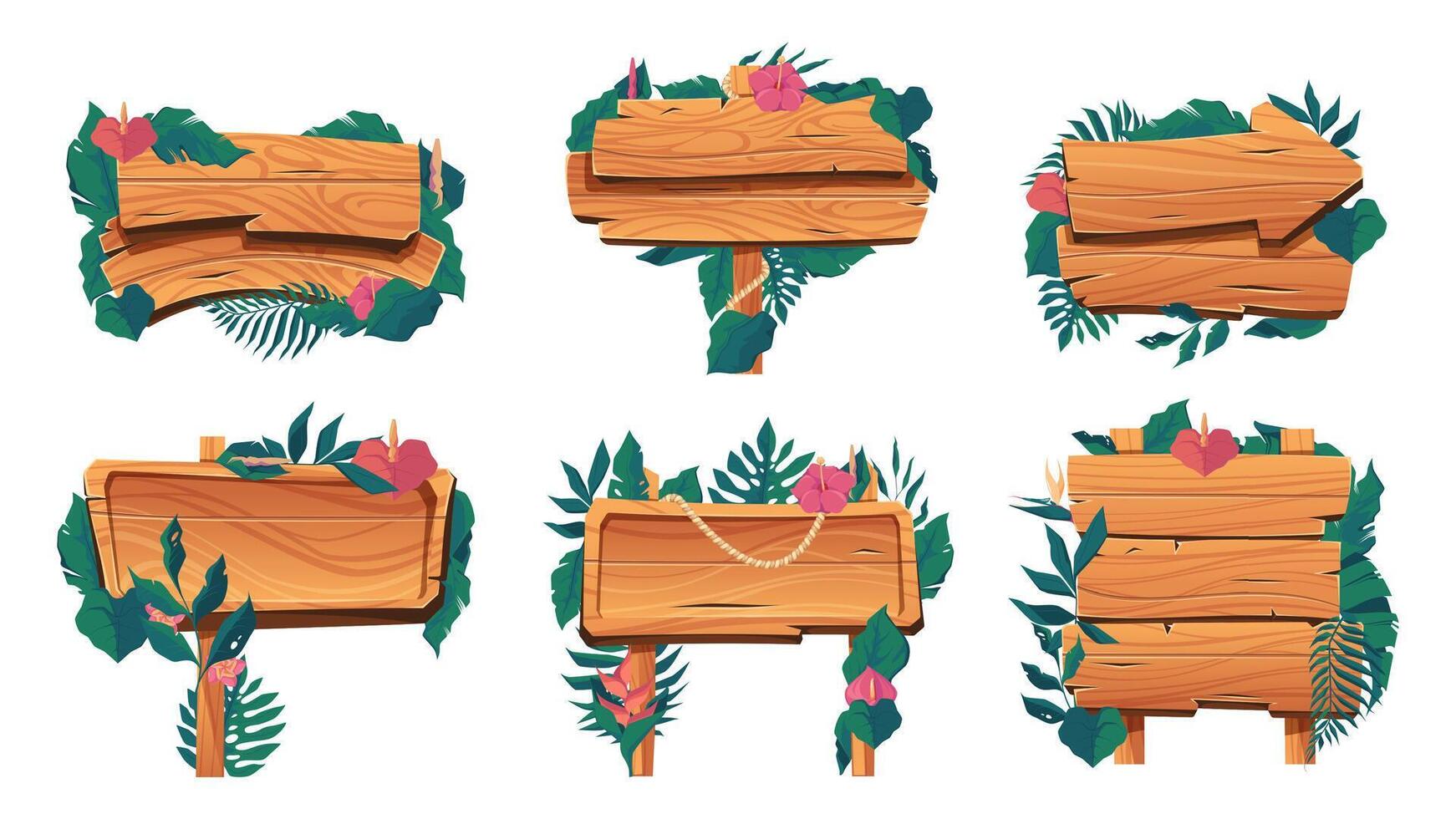 Wooden banners with plants. Exotic floral directional signs, nature decorative frame with leaves and flowers. Vector isolated set