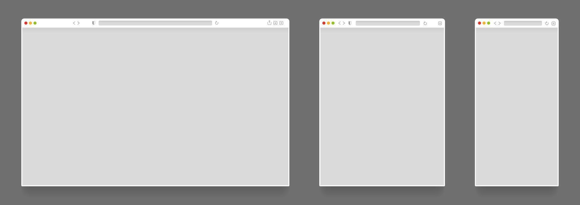 Browser mockups. Empty computer tablet and mobile web page templates, blank website frames on different devices. Vector browser window set