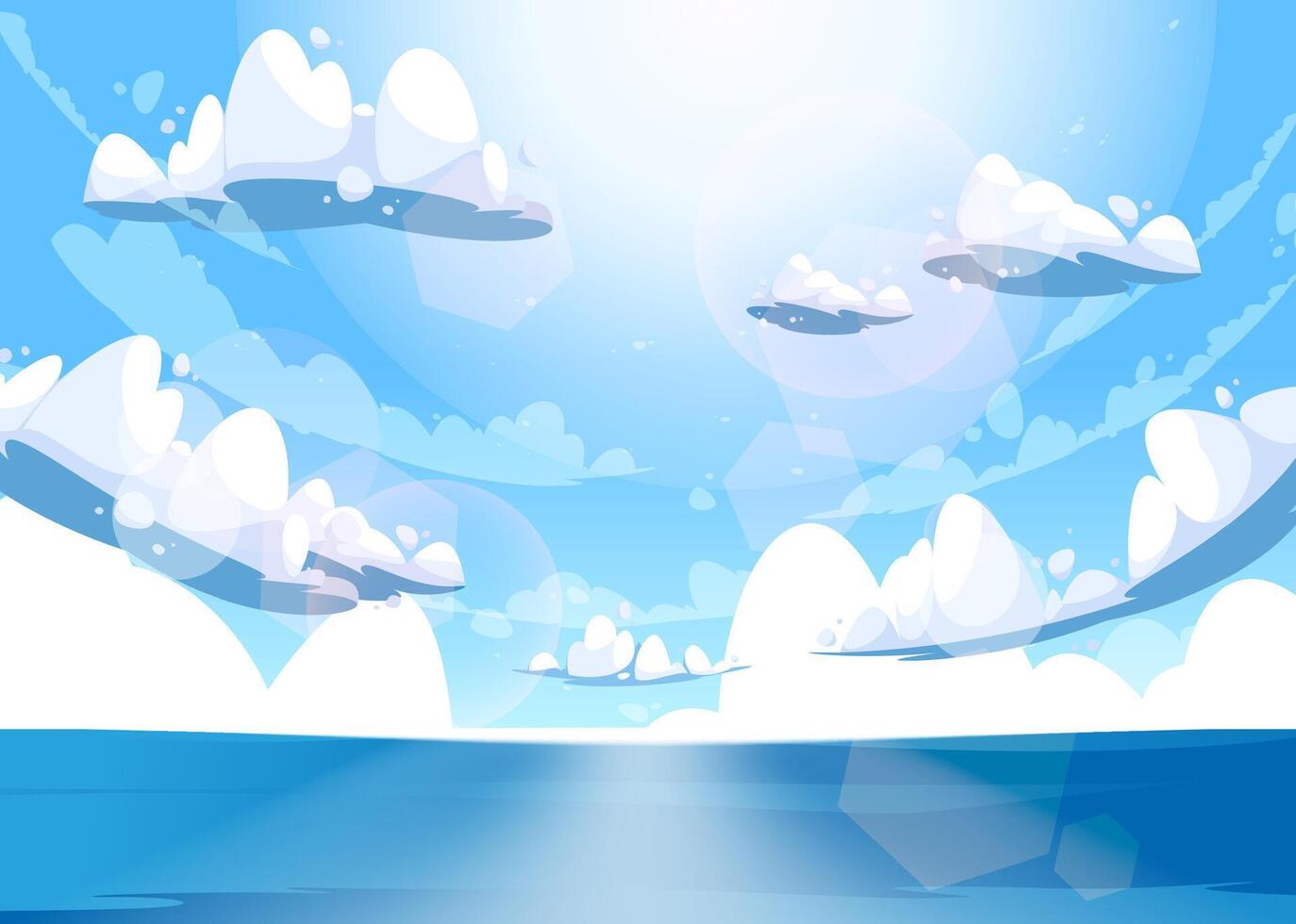 Cartoon sea and blue sky. Ocean with white curly clouds and sunrays, summer sea peaceful background, blue sea nature horizon scene. Vector illustration