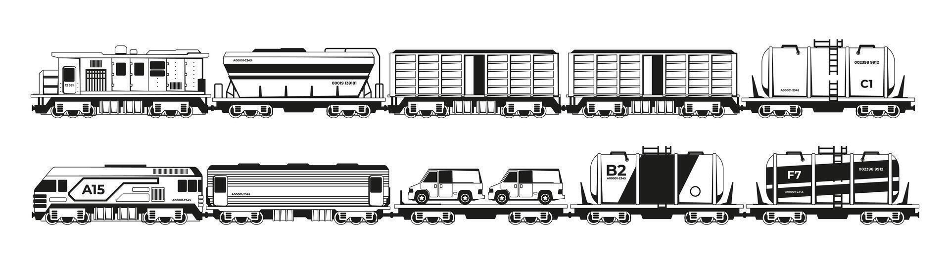 Train silhouettes. Black passenger and freight locomotives, railway transport vehicles with different containers and carriage wagons. Vector set