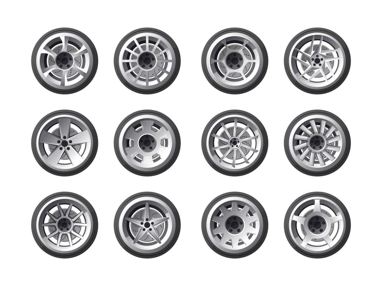 Cartoon car wheels. Round car wheels with tyre rubber and rims, automobile cast, steel, light alloy and aluminum wheels. Vector isolated set
