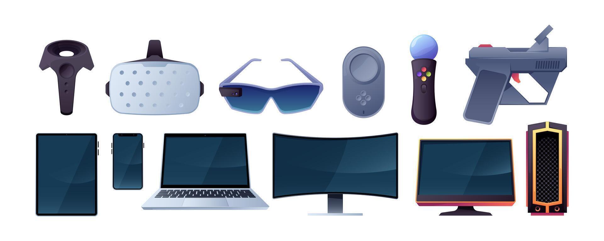 Gaming technology devices. Cartoon game gadgets PC laptop display tablet and phone, VR helmet and AR glasses accessories. Vector isolated set