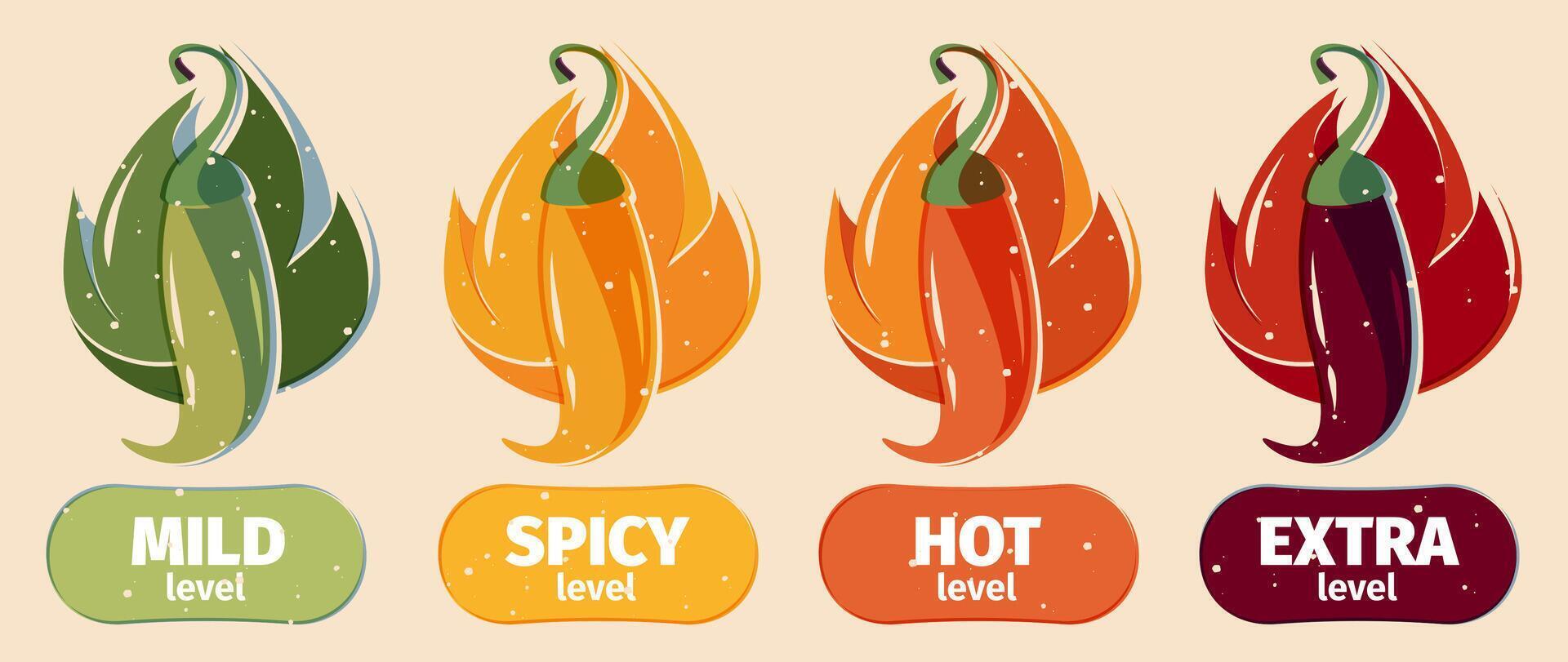 Hot sauce level. Chili pepper rating scale, capsaicin indicator asian cuisine food, spicy ketchup restaurant indicator. Vector colorful set