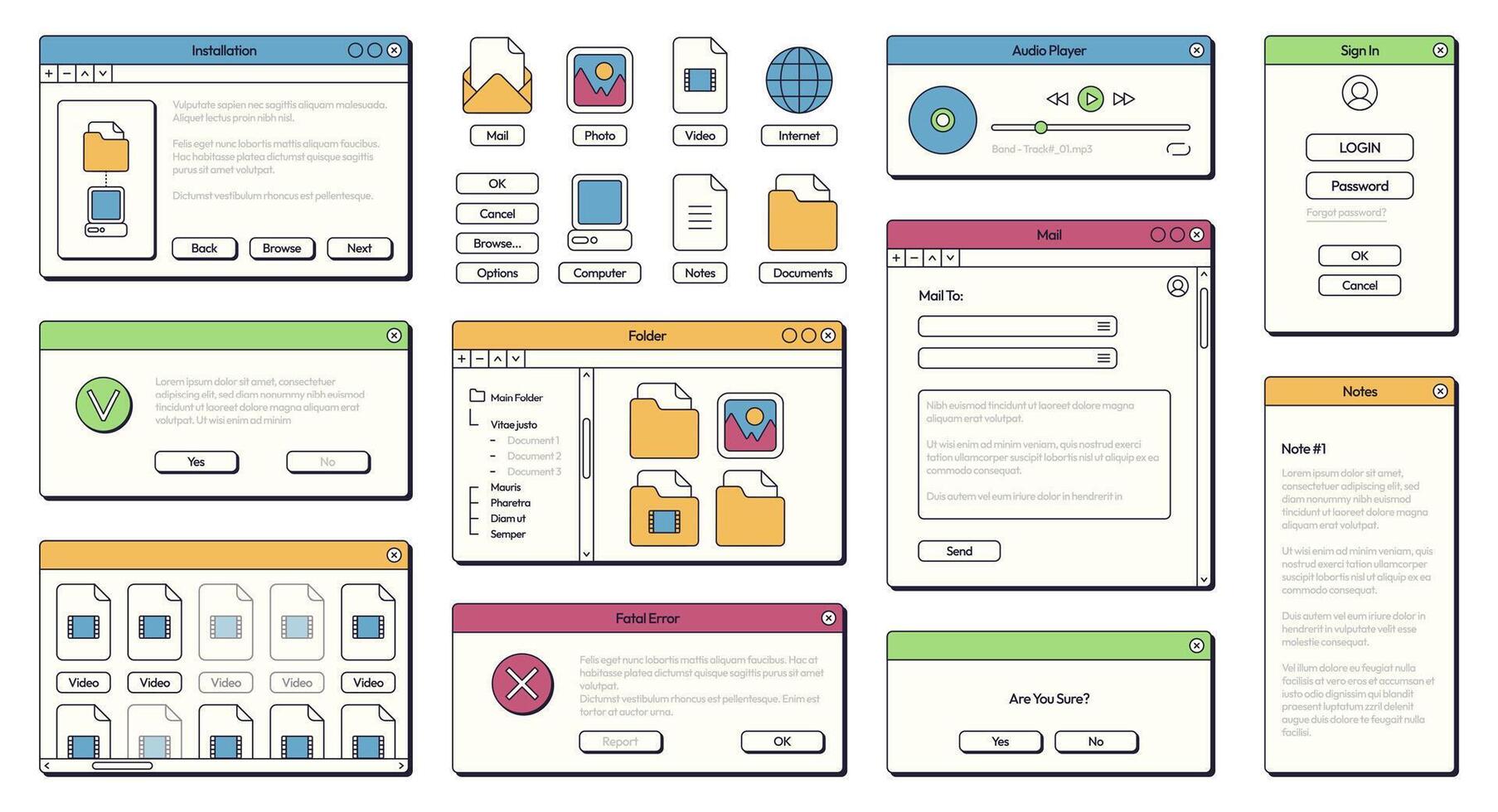 Computer 90s UI. Retro 80s and 90s style GUI panels with buttons and frames for application and operating system design. Vector modern notification screen