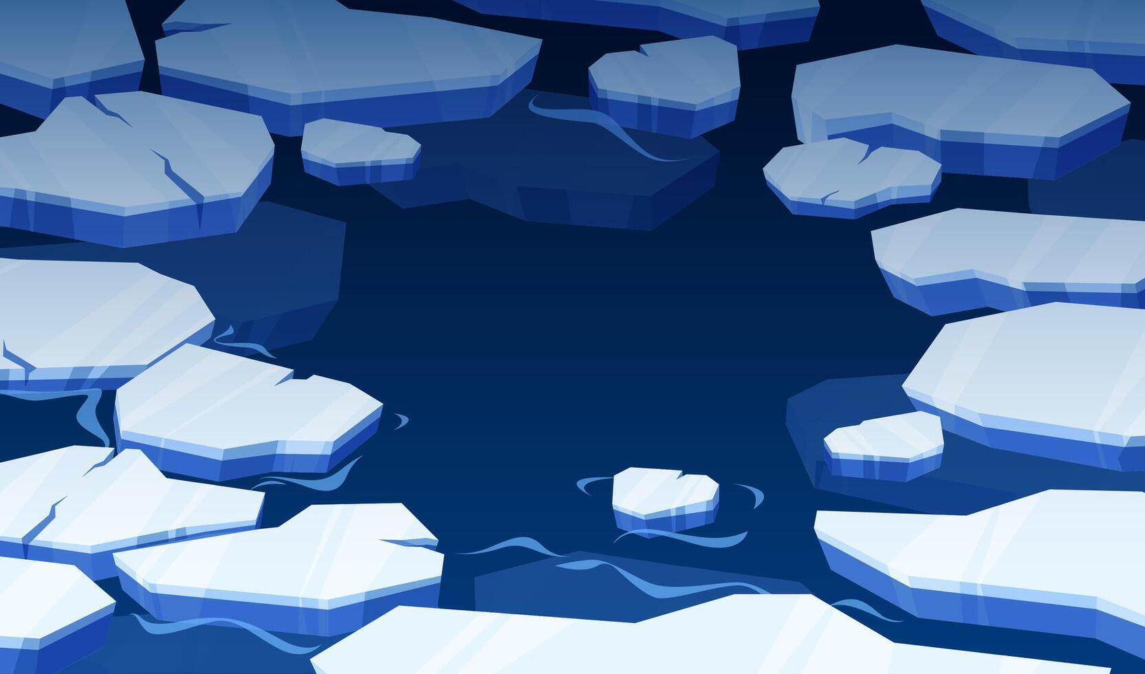 hielo flotante en superficie. marco de azul icebergs flotante en Oceano agua, polar glaciar y frío agua agrietado hielo en congelado agua. vector ilustración