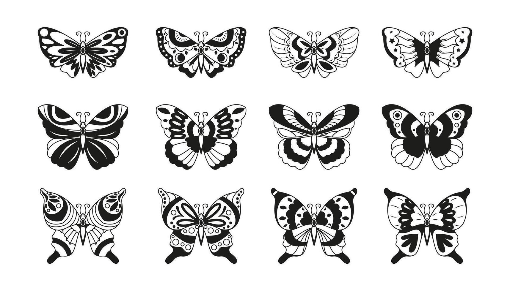 Butterfly tattoo. Black moth outlines with decorative detailing, abstract nature decorative insects. Vector doodle collection