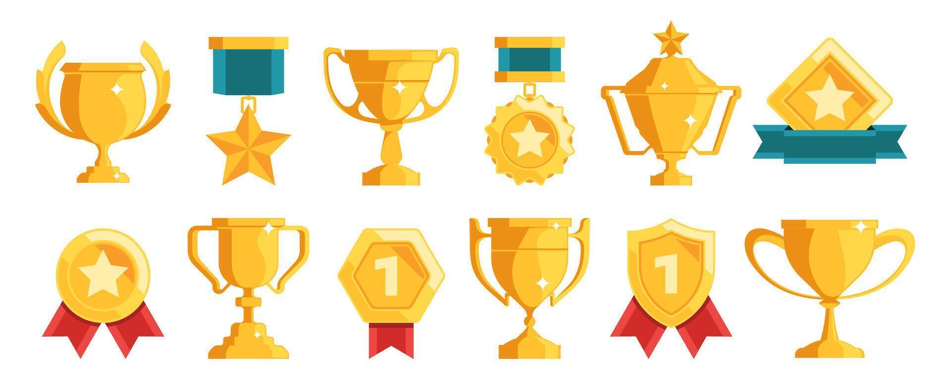 Golden trophy and awards icons. Competition achievement medal flat design, trophy cup and medal ribbons for award ceremony concept. Vector set
