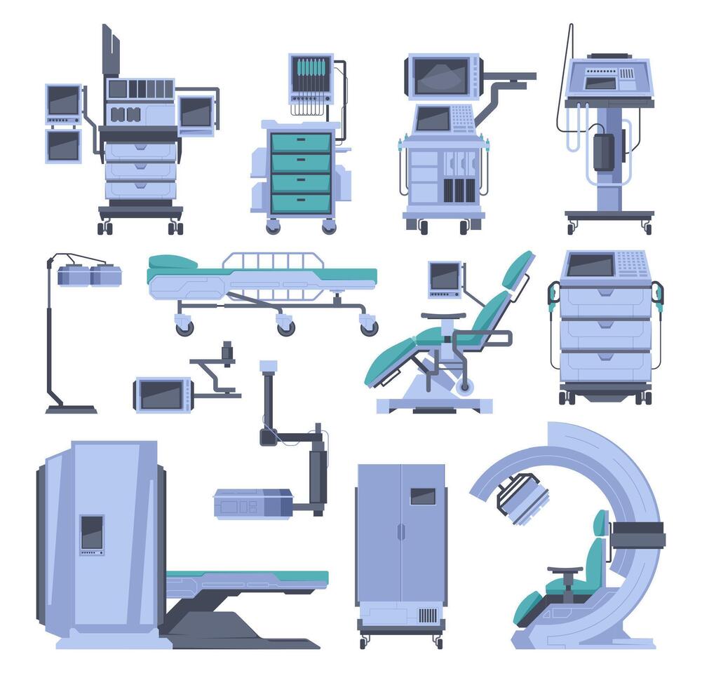 Hospital equipment. Medical diagnostic and treatment instruments cartoon style, doctor room equipment for care and treatment. Vector set