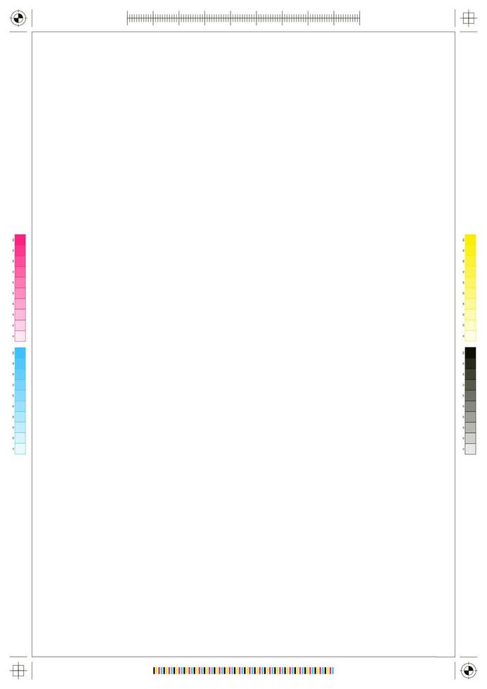 CMYK print frame. Black outline press registration marks, prepress printer registration plate with bleed and registration marks. Vector isolated set