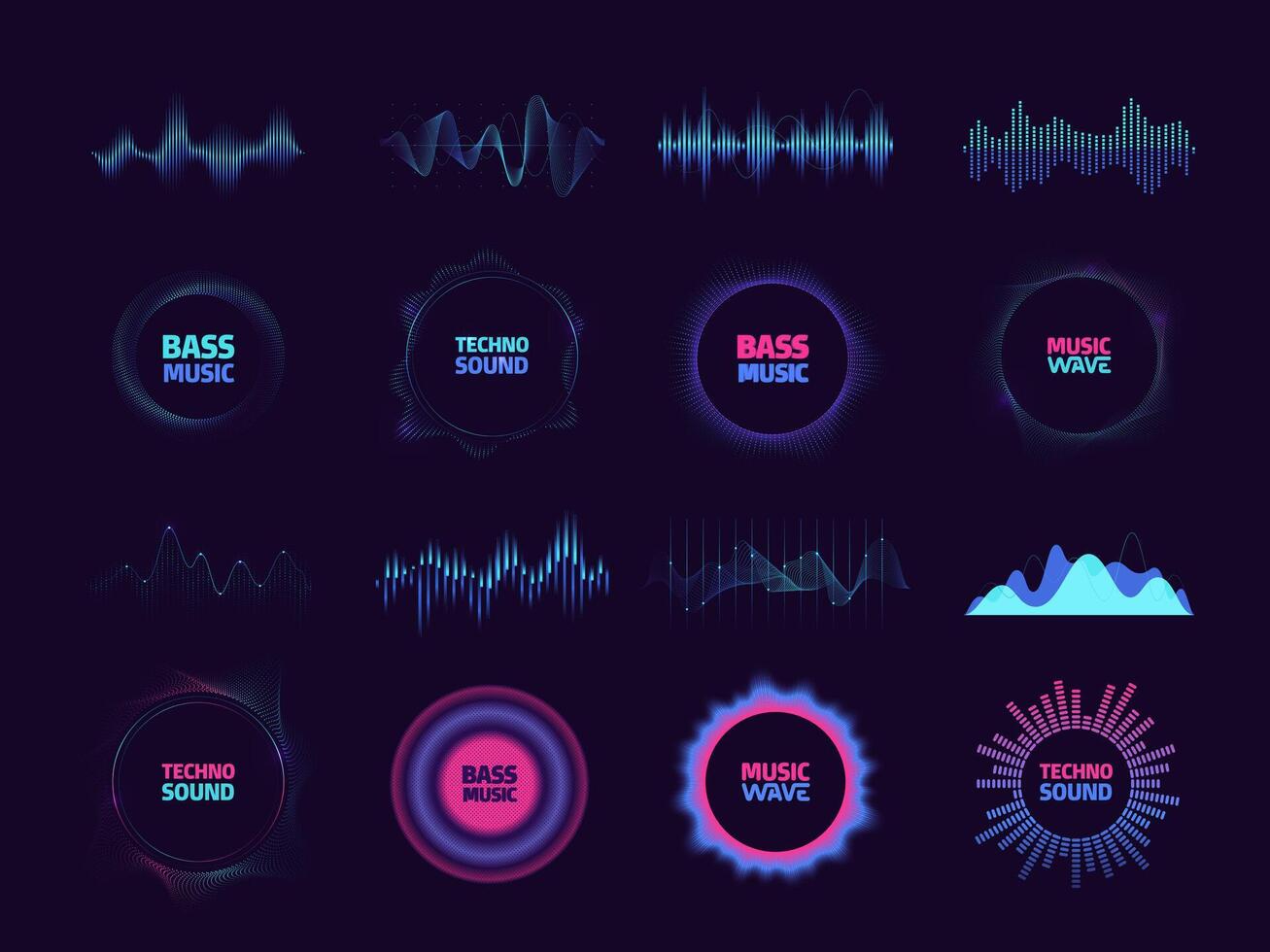 Round waveform. Circular vibration music tune, pulse beat and frequency spectrum, music studio background. Vector isolated set