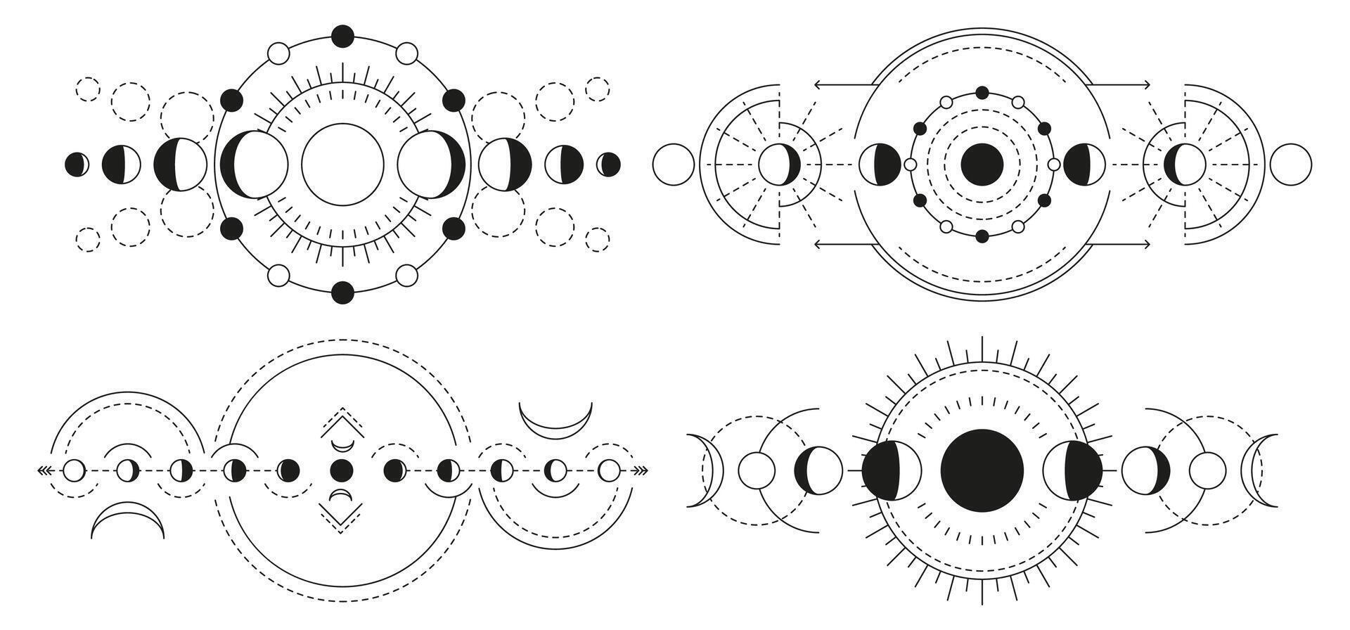 Luna etapas magia geometría. lleno Luna creciente y giboso iconos, sagrado universo símbolos brujería misticismo astrología. vector conjunto