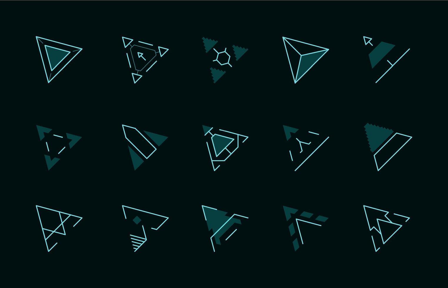 HUD game cursor. Game interface pointer sign for selection and press action, stylized futuristic neon cyberpunk elements. Vector icons set