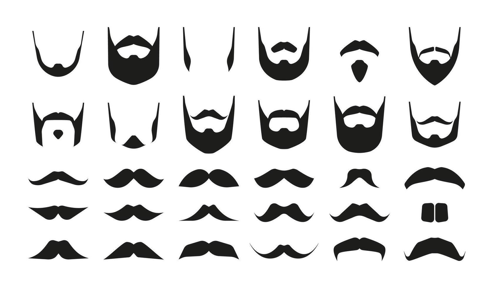 bigotes y barbas hipster negro bigotudo barbado caras, sencillo masculino símbolos diferente variaciones para Barbero logo. vector aislado conjunto