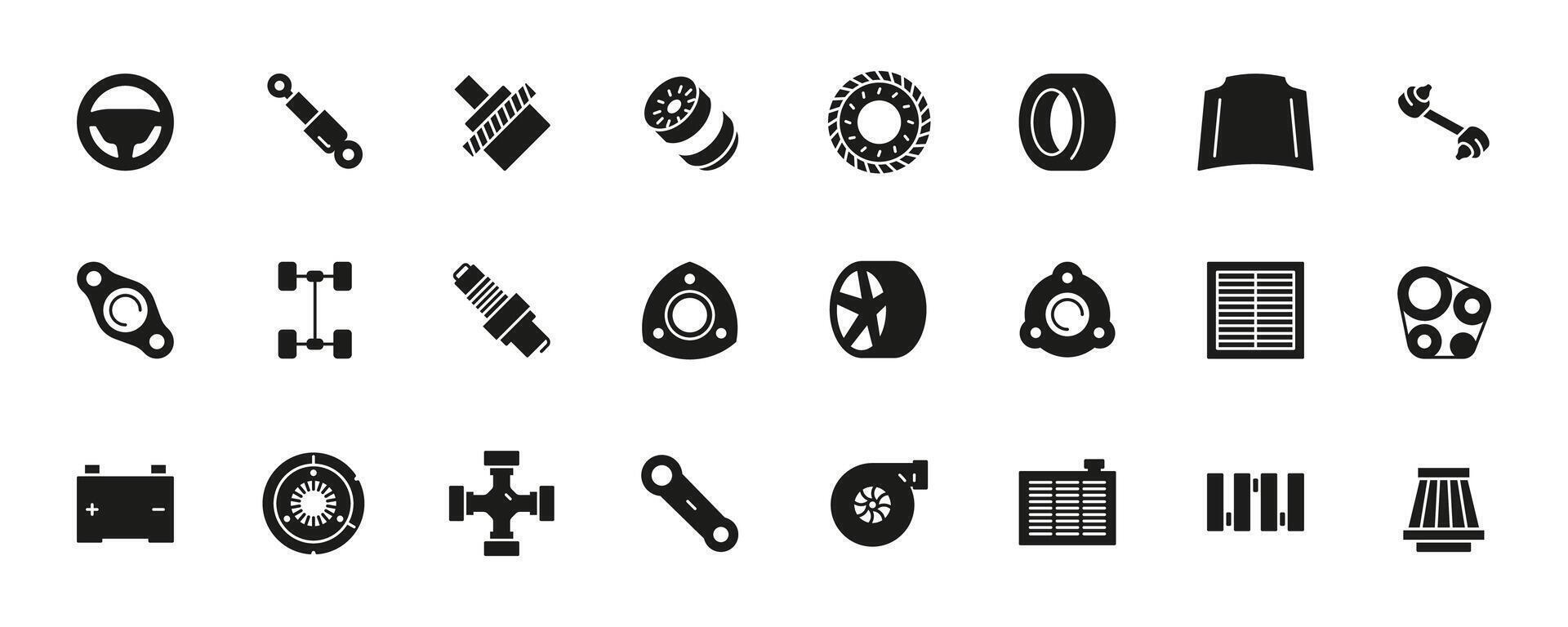 Black car details icons. Outline automotive parts and components, car engine and transmission. Vector auto spare parts flat collection