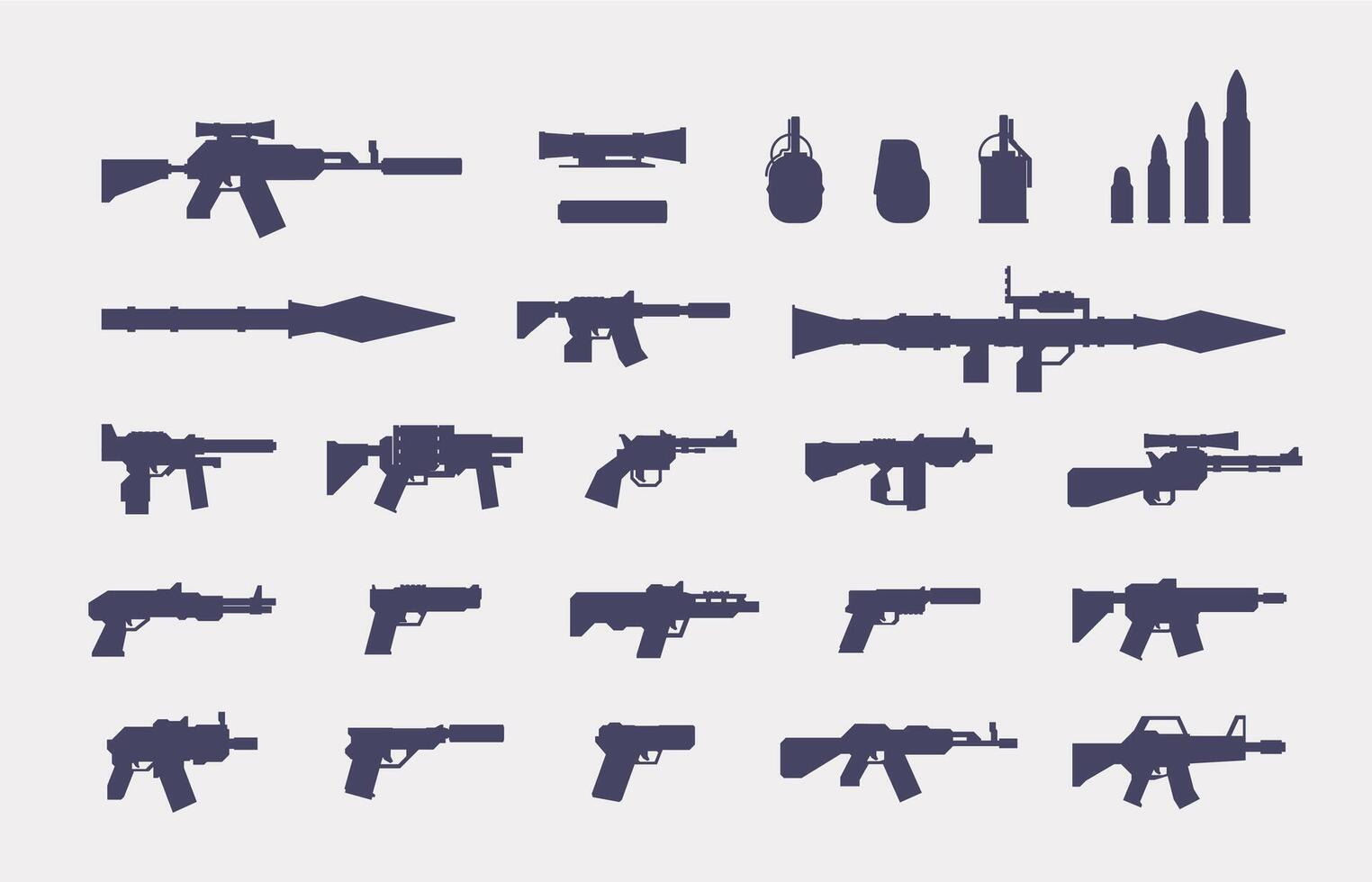 pistolas silueta. militar armas de fuego íconos para rpg diseño, Ejército arsenal arma y munición, pistola escopeta granada revólver lanzacohetes. vector plano conjunto